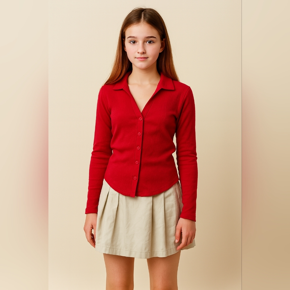 Girl's Red Button-Up Top with Beige Pleated Skirt